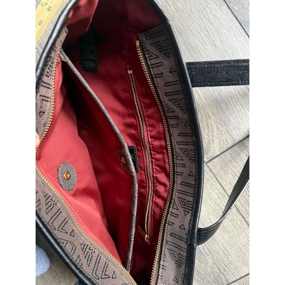 1967 Ralph Lauren Brown Monogram Jacquard Tote Bag Black Leather Trim Gold Logo - Picture 7 of 8